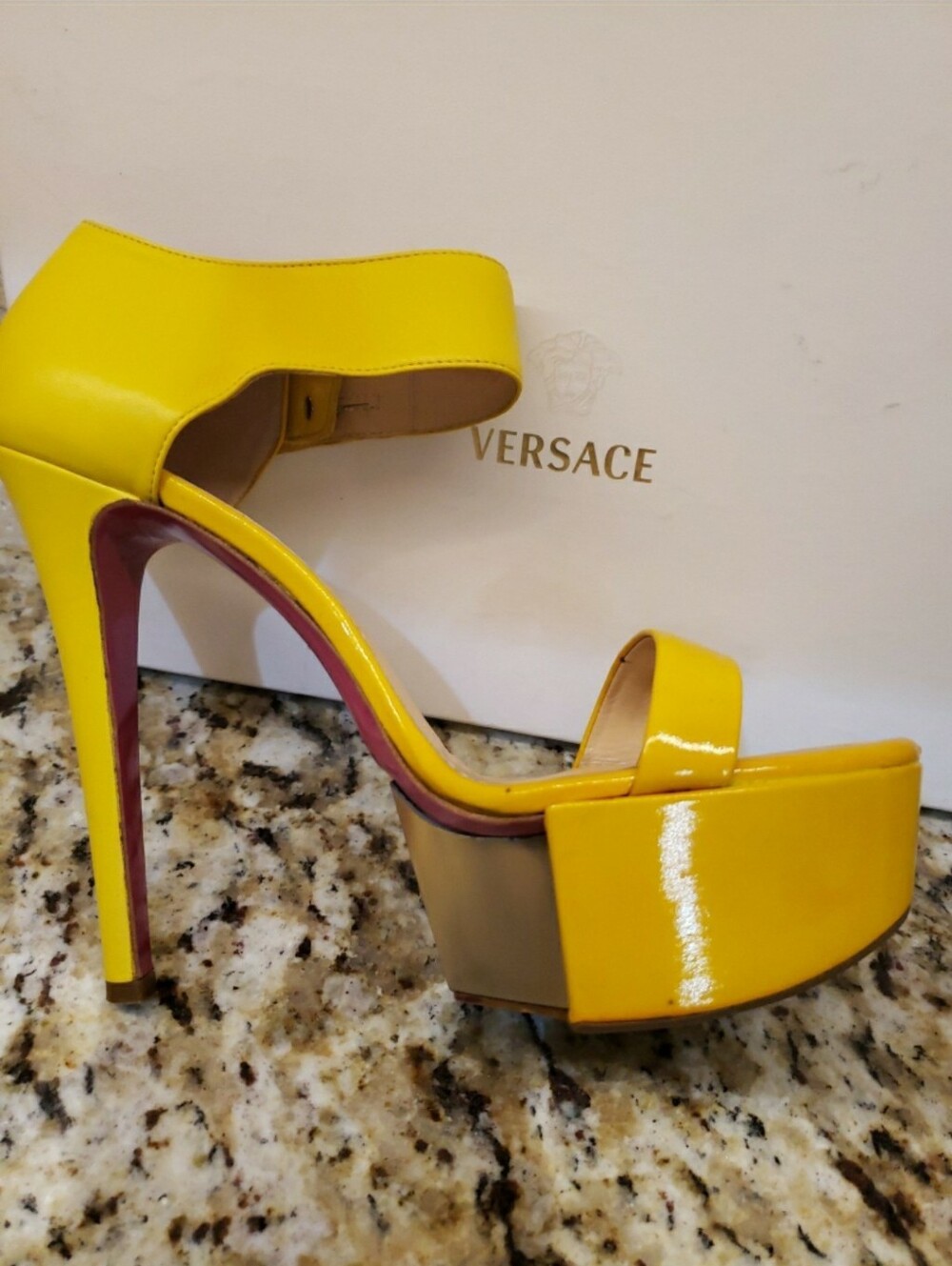 Versace Yellow Patent Platform Ankle-Strap Heels - Picture 4 of 12